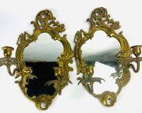 Vintage Good Solid Gilt Brass Vintage Hollywood Regency Wall Candle Mirror Scones
