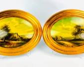 Pair Hand Painted Decorative Oval Wall Plaques Art Pieces
