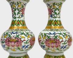 Fantastic Pair Asian Fine Porcelain Cloisonne Style Painted Vases
