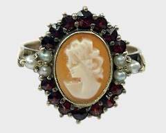 Fine Gilt 900 Silver Bohemian Garnet Seed Pearl Shell Cameo Ring Size 6.75
