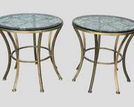 Pair Vintage Hollywood Regency Style Accent Table Gilt painted Metal spiderweb ironwork Glass Top
