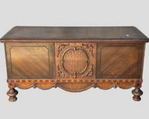Fancy Antique Cedar Chest With Ornate Hand Carved Detail Scalloped Edge & Bun Feet Burwood Inlay
