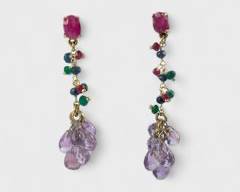 Fine Vermeil Sterling Silver Dangle Cluster Emerald, Sapphire, Ruby Faceted Amethyst Drop Pierced Earrings
