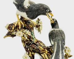 Vintage Chinese Shiwan Porcelain Magpie Birds Figurines On Plum Branch
