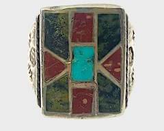 Fine Silver Turquoise & Stone Mens Ring Size 10.5
