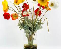 Beautiful Faux Poppy Arrangement. Vibrant Colors, Realistic Flowers Set in Glass Vase
