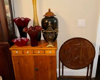 Antique cabinet & drop top oriental carved wood table