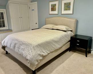 Crate & Barrel Upholstered Queen Bed (mattress not included) & Crate & Barrel Duvet Set