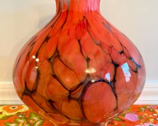 Oversized Czech Art Glass Vase, Orange and Black Swirl
