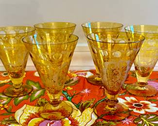 Vintage Amber Czech Etched Glasses