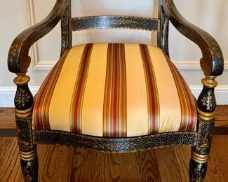 Regency Style Black Lacquer & Gold Gilt Painted Armchair
