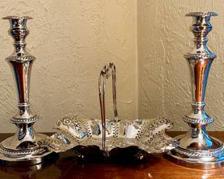 Silverplate Candlesticks & Basket