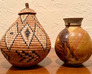 Woven Basket & Art Pottery Vase