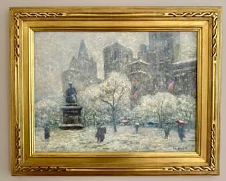 "Madison Square Winter" Oil on Canvas, Signed Guy Wiggins