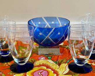 Footed Etched Glasses, Blue Footed Cut to Clear Bowl