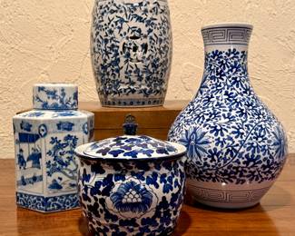 Blue & White Ginger Jars, Garden Stools & Vase