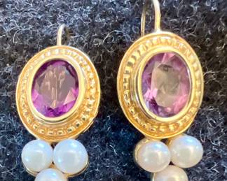 14K Gold, Amethyst & Pearl Earrings