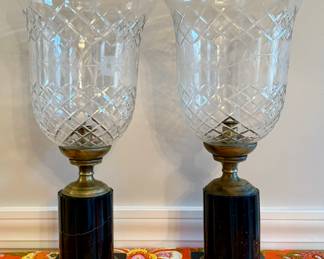 Large Marble, Brass and Etched Glass Hurricanes - France, mid-20th c