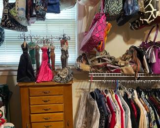 Jewelry armoire, purses, ladies clothes size 14