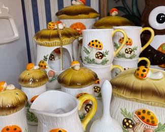 Mushroom S&P, napkin holder, bell, sugar & creamer, mugs, candle lantern