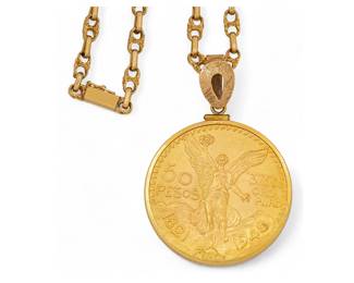 Mexican 50 peso gold coin pendant and chain, marked 14K
