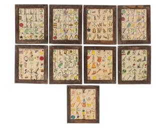 Collection of 1930s, nine vintage framed handPainted Mexican Loteria bingo cards, from a church in Agua, Dulce Texas.