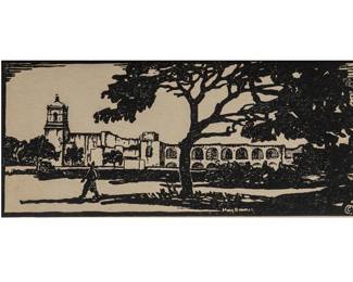 Mary Bonner, Mission San Jose with Granary, woodblock print