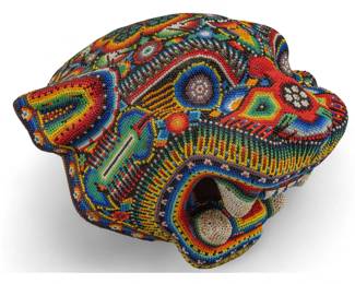 Vintage Huichol Mexican Indian beaded jaguar mask