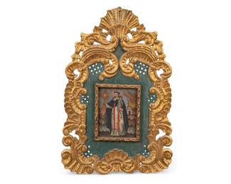Ornately Framed Retablo, San Jacinto, oil om aluminum