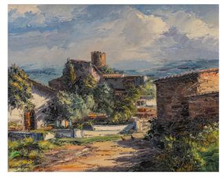 Jose Vives-Atsara (Spain / San Antonio, Texas, 1919-2004), "Las Casas del Castillo, Catalonia, Spain", 1981, oil on canvas