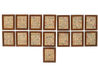 Collection of 1930s ,fifteen vintage framed handpainted Mexican Loteria bingo cards