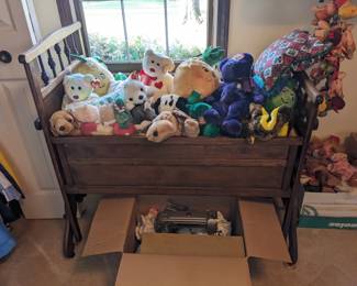Antique Victorian Rocking Baby Crib - Wooden Cradle with Wind-up Rocker & Handle
