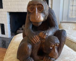 Vintage Hand carved solid wood Mama & baby monkey, signed on bottom