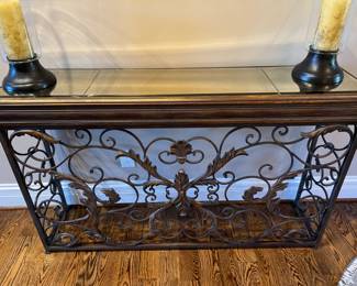 MIRRORED TOP AMBELLA CONSOLE HALL TABLE  60” LONG  X 36” TALL X 14.5” DEEP                                        AS FOUND SOME DAMAGE ON MIRROR TOP