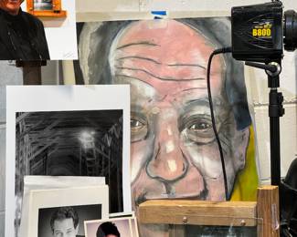 Misc. photos of Bruce, cameras and portrait of Bruce