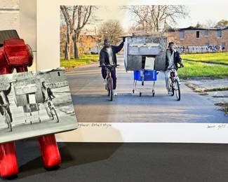 Assemblage with bicycle parts and color photo by Bruce Giffin