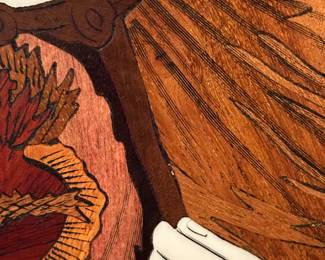 close-up of inlaid wood art