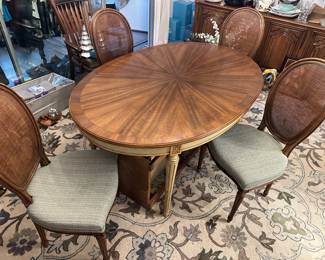 John Widdicomb Co. dining table 4 chairs, 3 additional leaves
