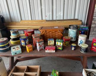 Vintage tins and picnic table 