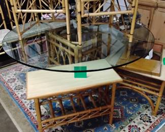 Rattan Glass Top Dining Table w 6 Chairs