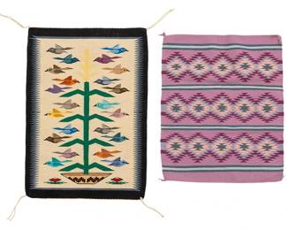 215
Two Southwest textiles
Tree of Life with attribution tag: Genuine Navajo Rug; Wide Ruins with attribution tag
Comprising a Tree of Life pictorial textile by Annie Sampson woven in multicolor wool, depicting bird figures surrounding a tree, and a Wide Ruins textile by Winnie Shirley woven in mauve, magenta, lavender, dark grey, and light grey wool, depicting stacked serrated diamonds and alternating stripes
2 pieces
Tree of Life: 27.5" H x 18.75" W; Wide Ruins: 24" H x 19" W
Estimate: $200 - $400