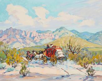 57
Marjorie Reed
1915-1996
"Heading for the Dragoon Pass"
Oil on canvasboard
Signed lower left: Marjorie Reed; titled in black pen on an artist label affixed, verso
16" H x 20" W
Estimate: $2,000 - $3,000
