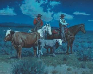 60
Antonio Di Donato
20th/21st century
Cowboys at dusk
Oil on canvas
Signed lower right: Di Donato
18" H x 24" W
Estimate: $2,000 - $3,000