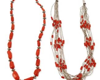 319
Two Southwest silver and coral necklaces
Mid/late 20th century
Comprising a multistrand liquid silver necklace with tubular coral bead spacers, and a graduated chunky coral bead necklace with silver bead spacers, 2 pieces
Larger: 27" L; smaller: 25 1/2" L
157.6 grams gross
Estimate: $500 - $700