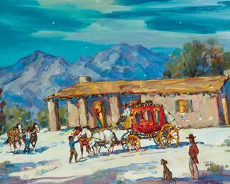 52
Marjorie Reed
1915-1996
Stagecoach at night
Oil on canvasboard
Signed lower right: Marjorie Reed
11" H x 14" W
Estimate: $1,000 - $1,500