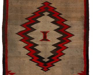 194
A Navajo double saddle blanket
Early/mid-20th century, Diné
Woven in cream, black, and red wool, depicting a central serrated diamond motif and serrated motifs at corners
51.5" H x 39" W
Estimate: $200 - $400