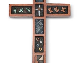 11
Joe Cajero Jr.
b. 1970, Jemez Pueblo
Wall hanging cross
Patinated and cold-painted bronze
Signed and numbered in the casting: Joe Cajero Jr.; further marked: B [in a cartouche]
16" H x 11.5" W x 1.375" D
Estimate: $400 - $600