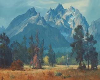 85
Ralph Love
1907-1992
Grand Tetons during the fall, 1977
Oil on canvas
Signed lower left: Love; signed again, dated, inscribed with artist's address and numbered "Temecula, Calif. / 7/77 / #1572" on the upper portion of the stretcher
24" H x 30" W
Estimate: $1,000 - $2,000