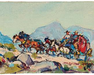 50
Marjorie Reed
1915-1996
"Up the Grade"
Oil on canvasboard
Signed lower right: Marjorie Reed; signed again and titled in black pen, verso
2.125" H x 3.125" W
Estimate: $400 - $600