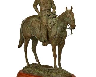 49
Mehl Lawson
b. 1942
Cowboy on horseback, 1998
Verdigris patinated bronze
Edition: 1/10
Signed, numbered, and dated in the casting: Mehl Lawson / 98; further marked: CA
Bronze: 15.5" H x 14.5" W x 6" D; Overall: 17.375" H x 14.25" W x 7.25" D
Estimate: $1,000 - $2,000